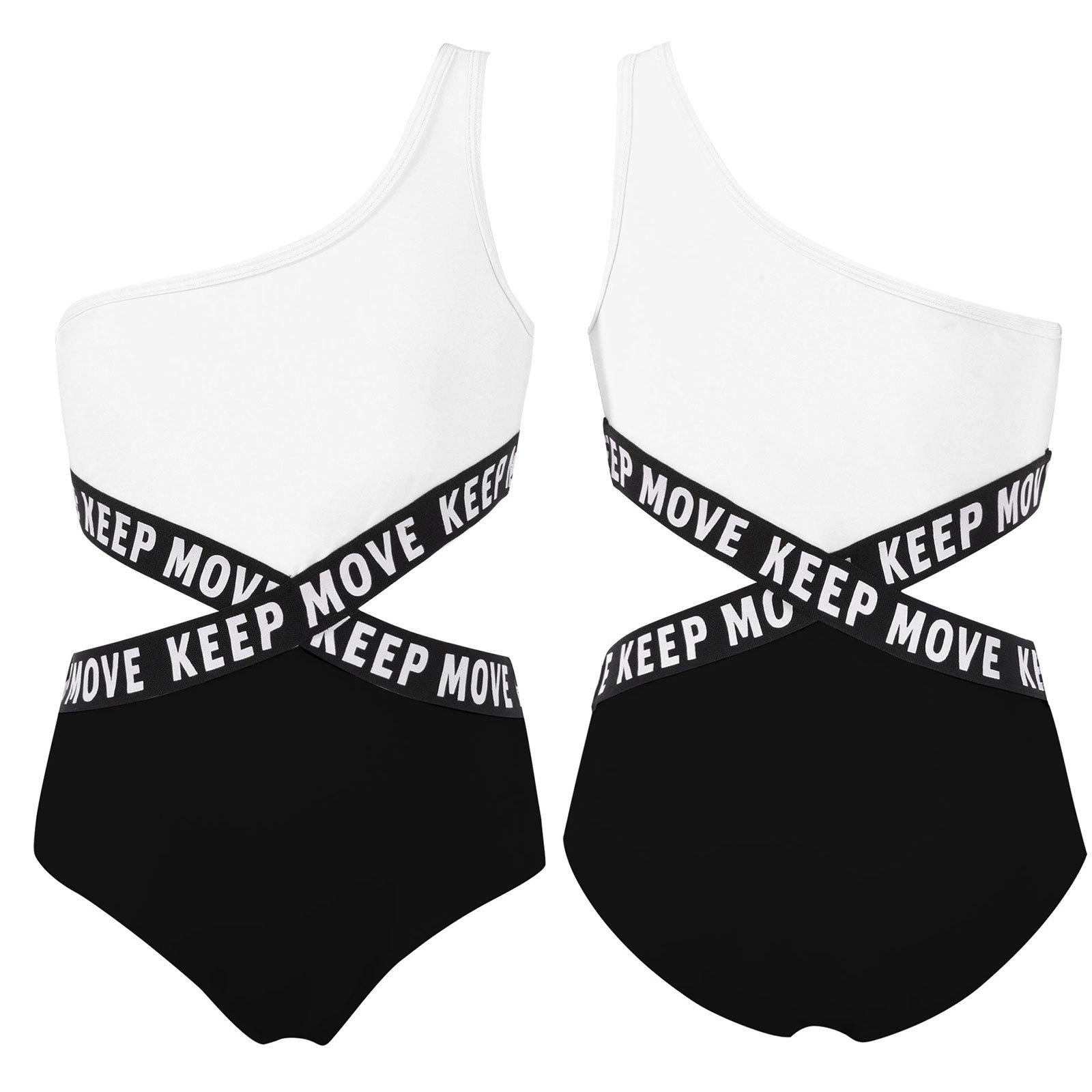 ZDHoor Zwembodysuit met enkele schouderband en letters voor kinderen 7-8 Years zwart/wit