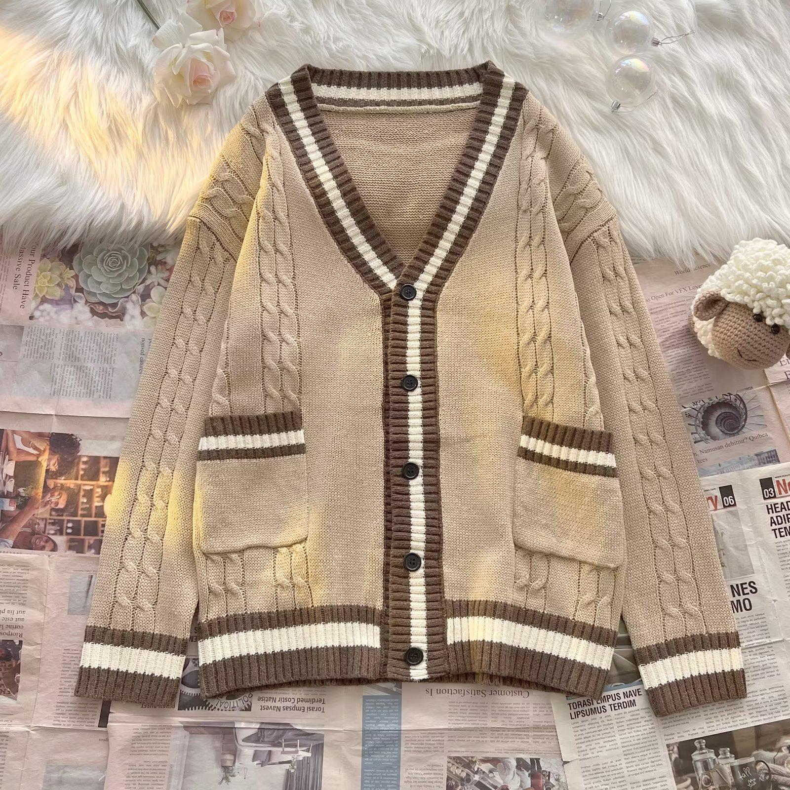 VantaGoods Trendy vintage gebreide cardigan voor heren - losse pasvorm S abrikoos
