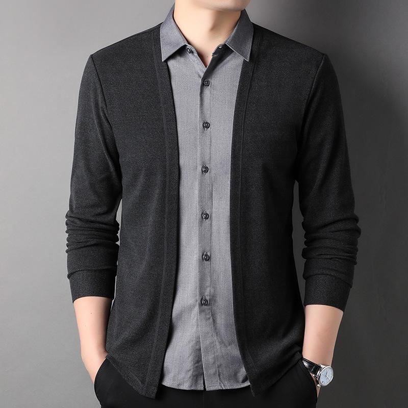 VantaGoods Heren 2023 Lente/Herfst Trendy Gebreid Cardigan Shirt met Faux Gelaagde Kraag 180 zwarte grijze kleur