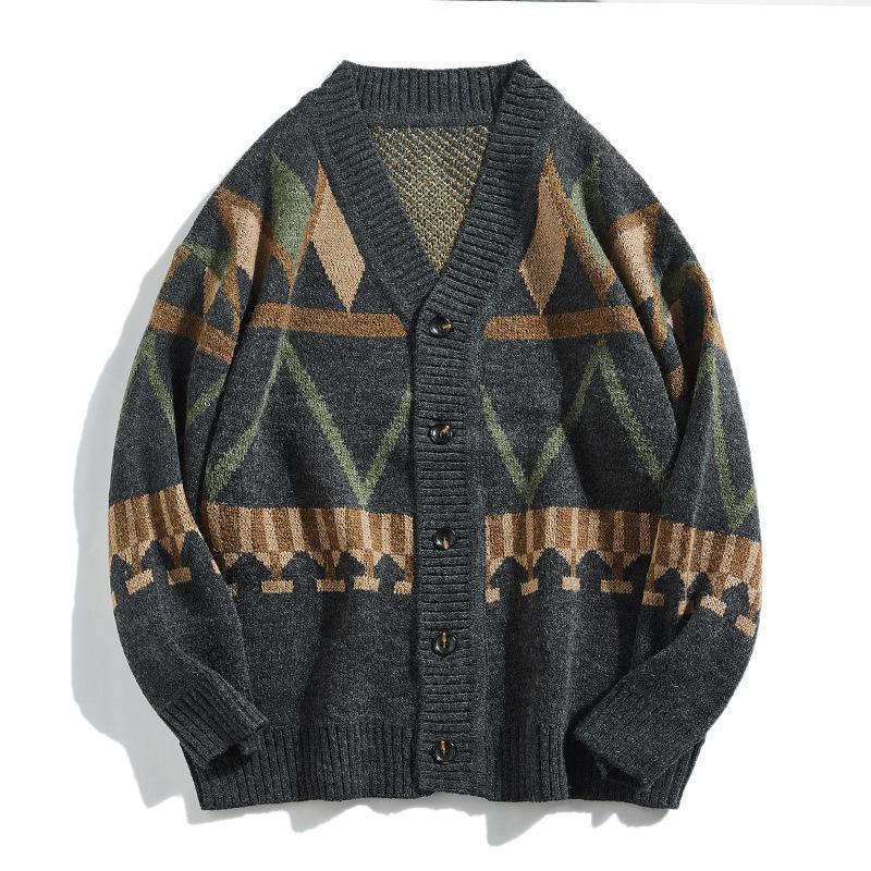 VantaGoods Retro Japanse V-hals Contrast Brei Cardigan voor Heren - Lente/Herfst Casual Losse Jas Trend XXL grijze kleur