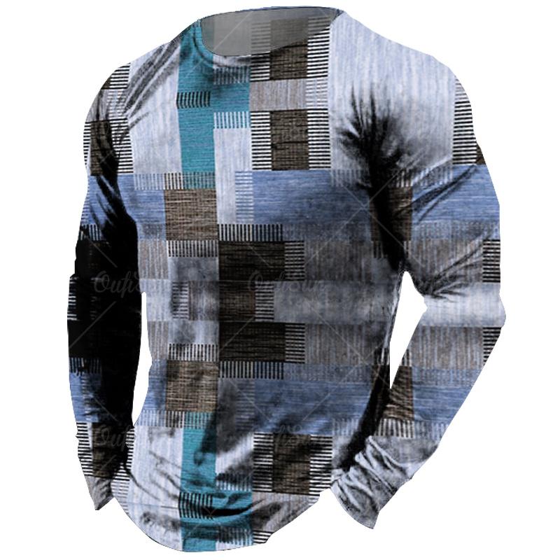 Xuhaijian02 Vintage heren T-shirt met lange mouwen Patchwork T-shirts Tops Geruit T-shirt voor heren 3D-gestreepte bedrukte kleding Oversized Streetwear 5xl 6XL