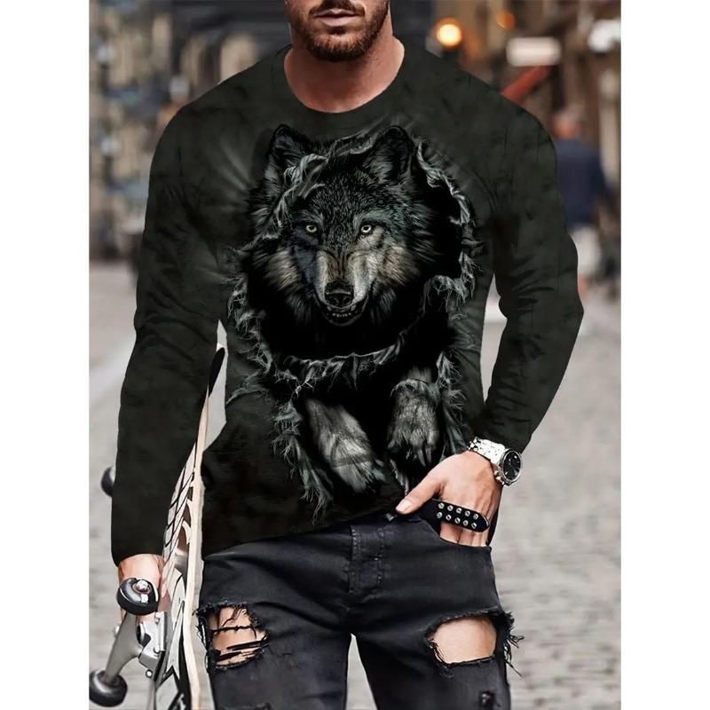 HerSight Heren lente- en herfst T-shirt met lange mouwen Heren losse ronde hals hoodie 3D-geprint bedrukte top met lange mouwen 6XL