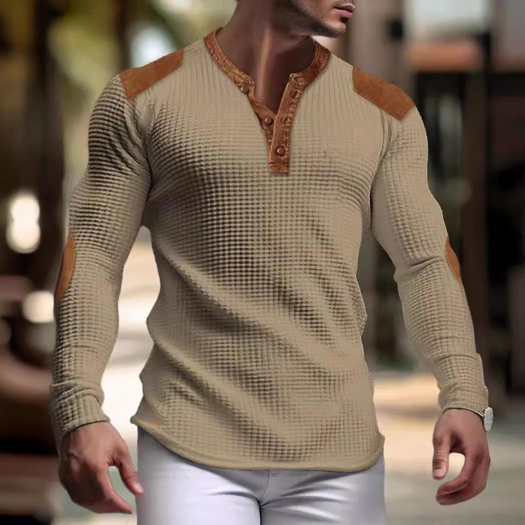 Smart Good 3D Ademend Heren Casual Sweatshirt Herfst V-hals Top met Knoop Mode Heren T-shirt M kaki