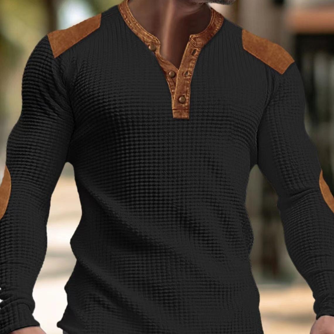 Smart Good 3D Ademend Heren Casual Sweatshirt Herfst V-hals Top met Knoop Mode Heren T-shirt M zwart