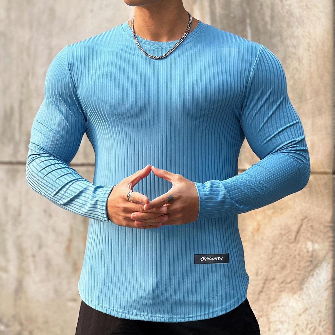 Top Men Wardrobe Snel drogend gestreept fitness-sportshirt met lange mouwen voor heren M hemelsblauwe kleur