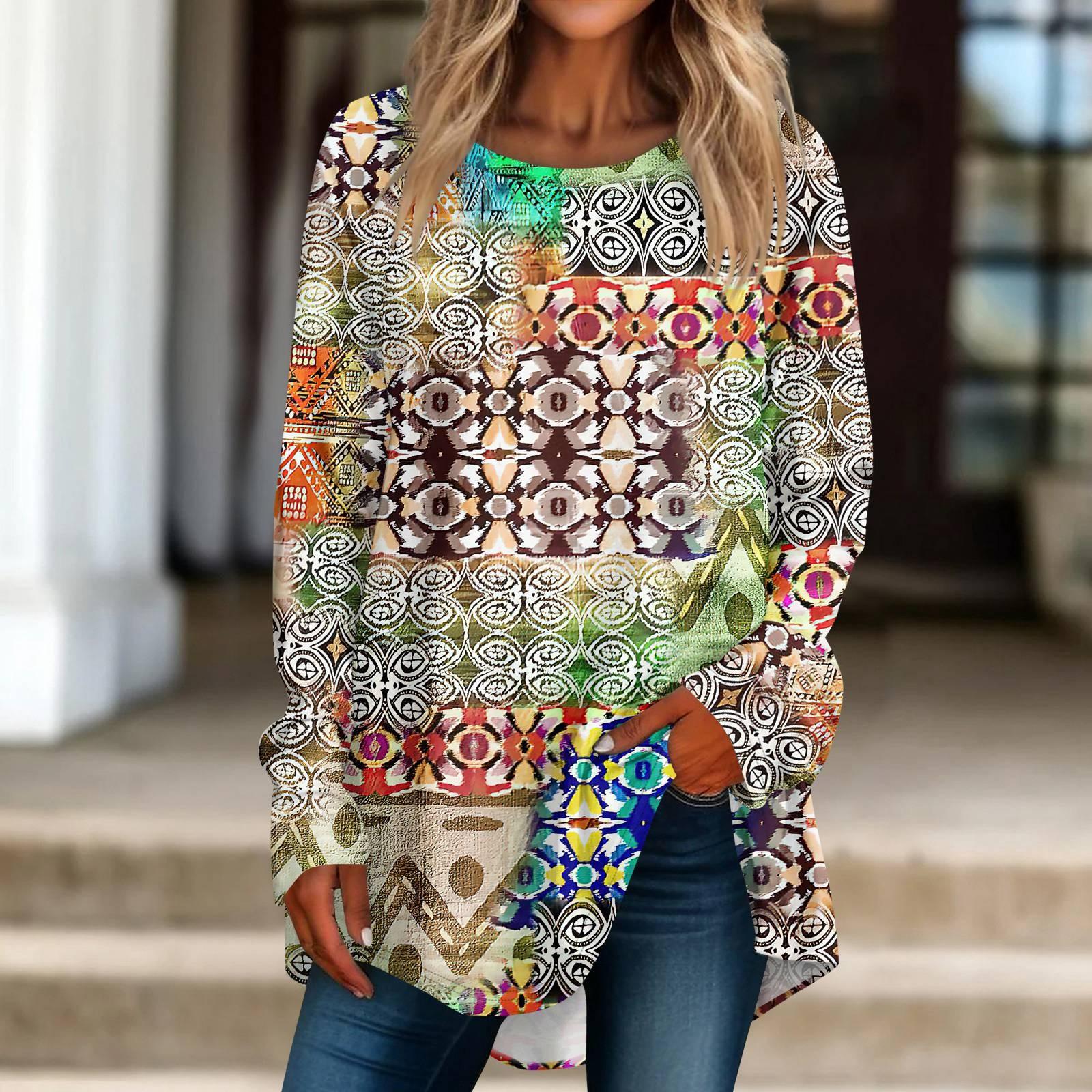 Linglong Dames Casual Plus Size Lange Mouwen Ronde Bedrukte T-shirt Top Pullover XXXL veelkleurig