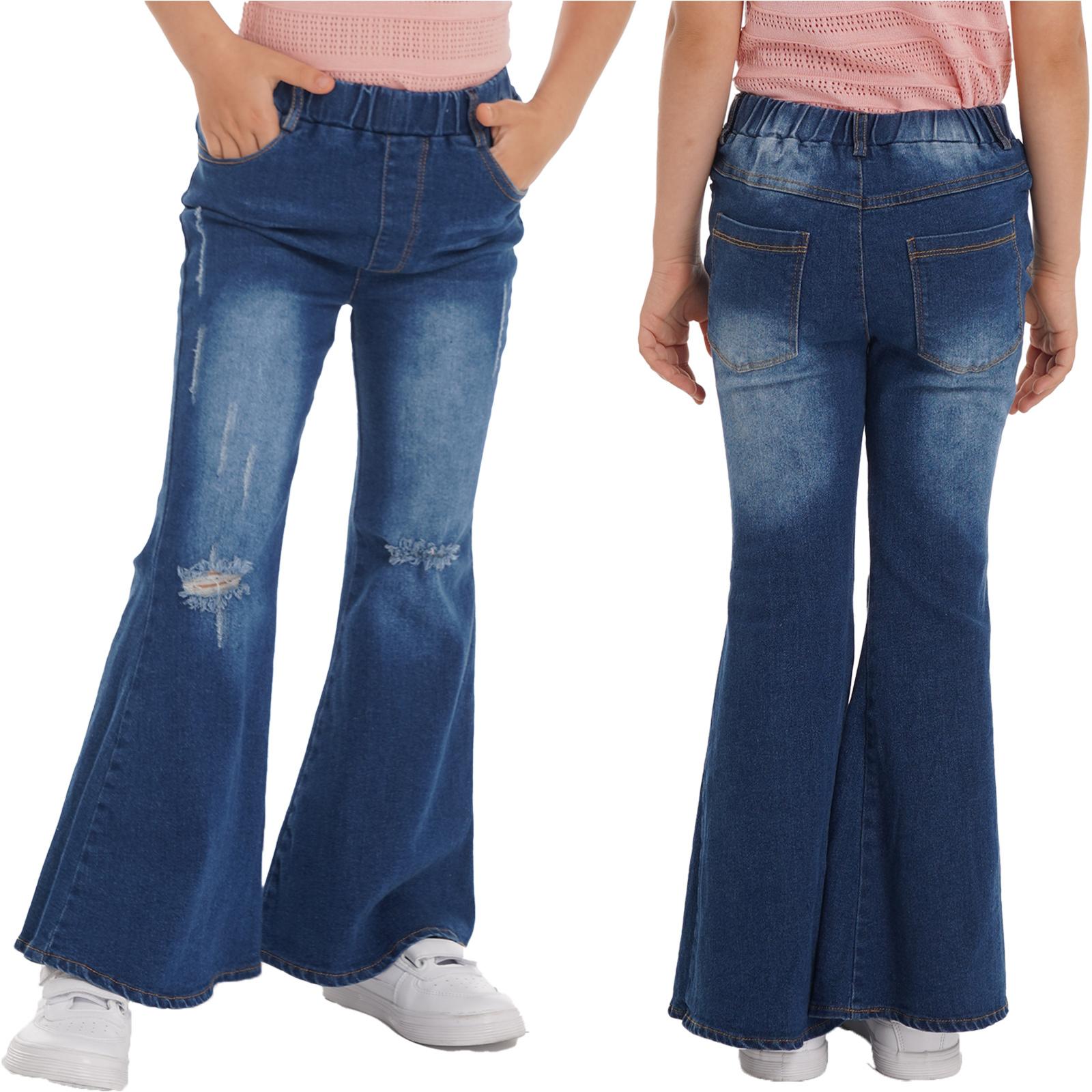 Sxiwei Kinderen Meisjes Gescheurde lange broek Uitlopende jeans Casual denim Slim-fit broek met klokbodem 11-12 Years blauw