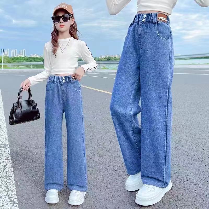 Roser Kinderen Jeans Meisjes Wijde Broeken Kinderen Losse Broeken Baby Rechte Denim Broeken 170cm