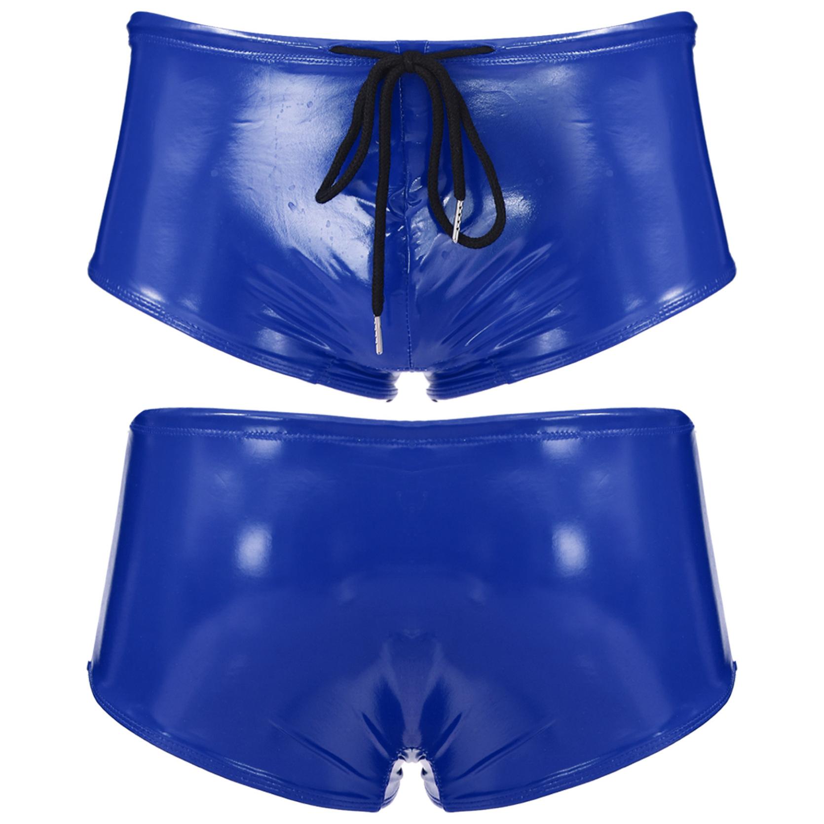 IEFiEL Heren Wet Look Patent Leather Zwembroeken Lage Taille Trekkoord Boxershorts Zwemkleding 4XL blauw