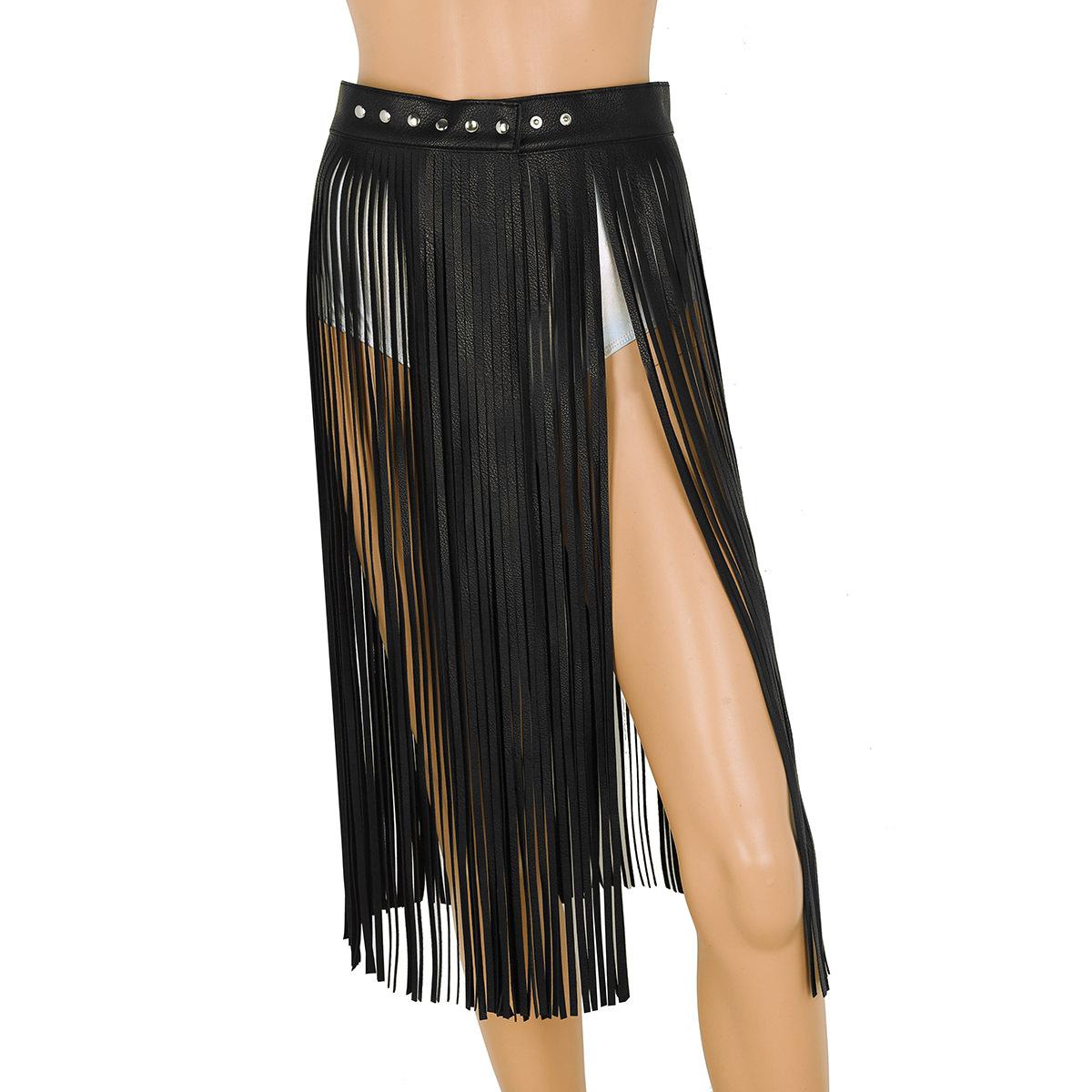 Aislor Dames dames mode kunstleer verstelbare hippie boho tailleband lange franje kwast rok riem Medium zwart