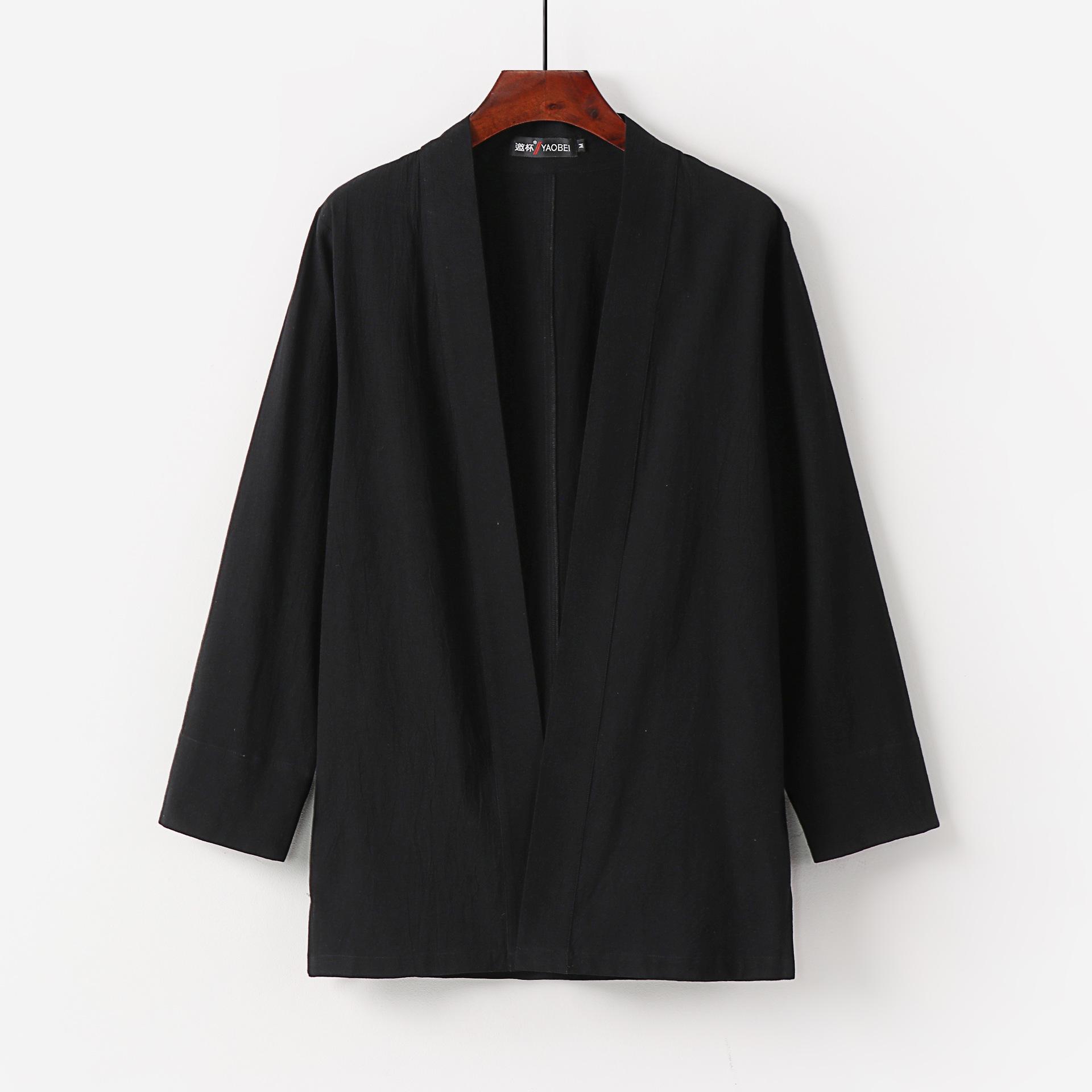 QGOOD Heren Japanse Kimono Cardigan Losse Katoenen Linnen Open Voorkant Casual Zomer Shirt Jassen XL zwart