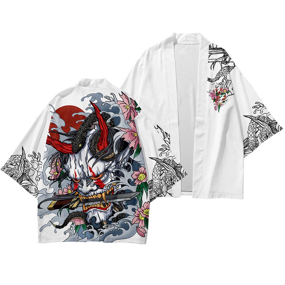 Sivia Kimono Man Japanse Kleding Yukata Mannelijke Samurai Kostuum Haori Obi Strand Heren Kimono Cardigan Japanse Streetwear Jas L wit