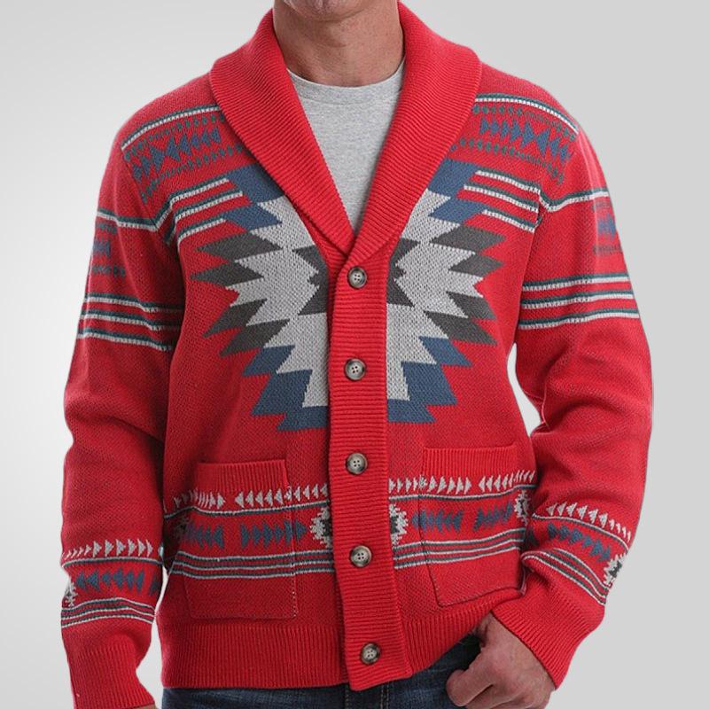 Phoca Largha for Men Heren Casual Cardigan Truien Vintage Sjaalkraag Lange Mouw Gebreide Knoopsluiting Cardigans Met Zakken Herfst Winter Trui Gebreide Buitenkleding voor Heren 3XL rood