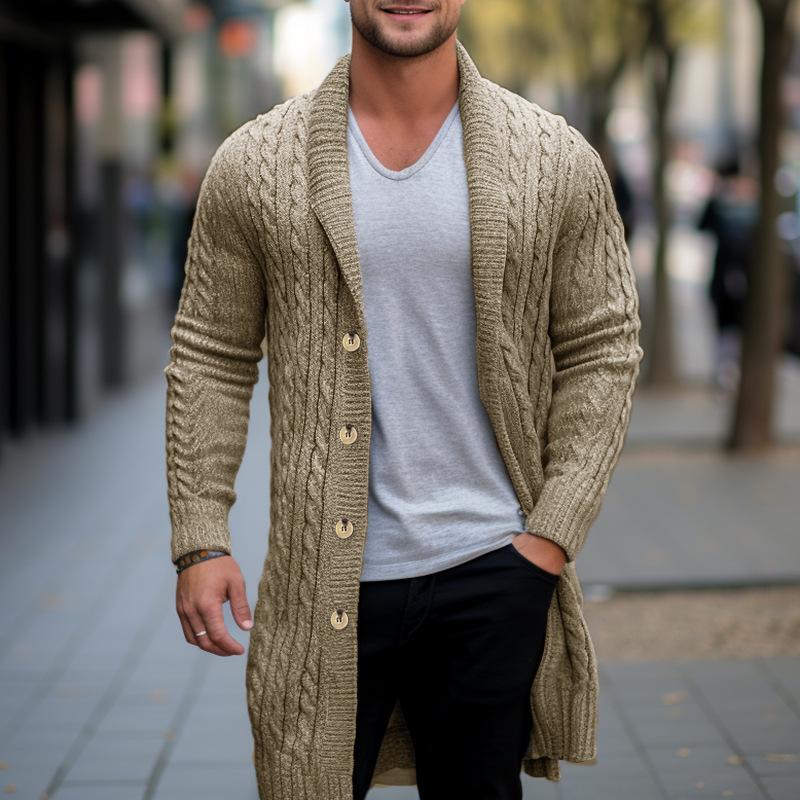 Phoca largha Heren Lange Kabel Gebreide Cardigan Trui Sjaalkraag Slim Fit Lange Mouw Casual Knopen Down Cardigans Herfst Winter Gebreide Truien Jas voor Mannen XL kaki