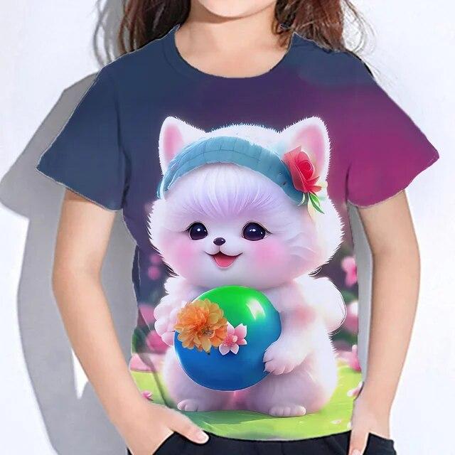 Xuhaijian02 Meisjes Herfst Kleding Leuke Harige Kat Print T-shirt Voor Kinderen Korte Mouw Van 8 Tot 10 Jaar Tieners Koreaanse tee Shirts Kinderen 130