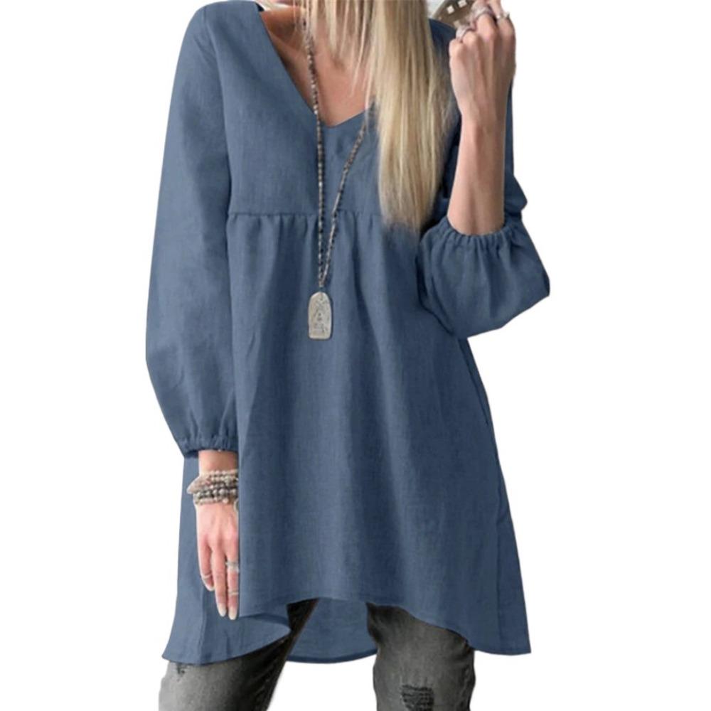 GMXIA Damesmode Casual Zomer Effen Kleur Print Lange Mouw V-hals Blouses & Shirts XXXXL blauw