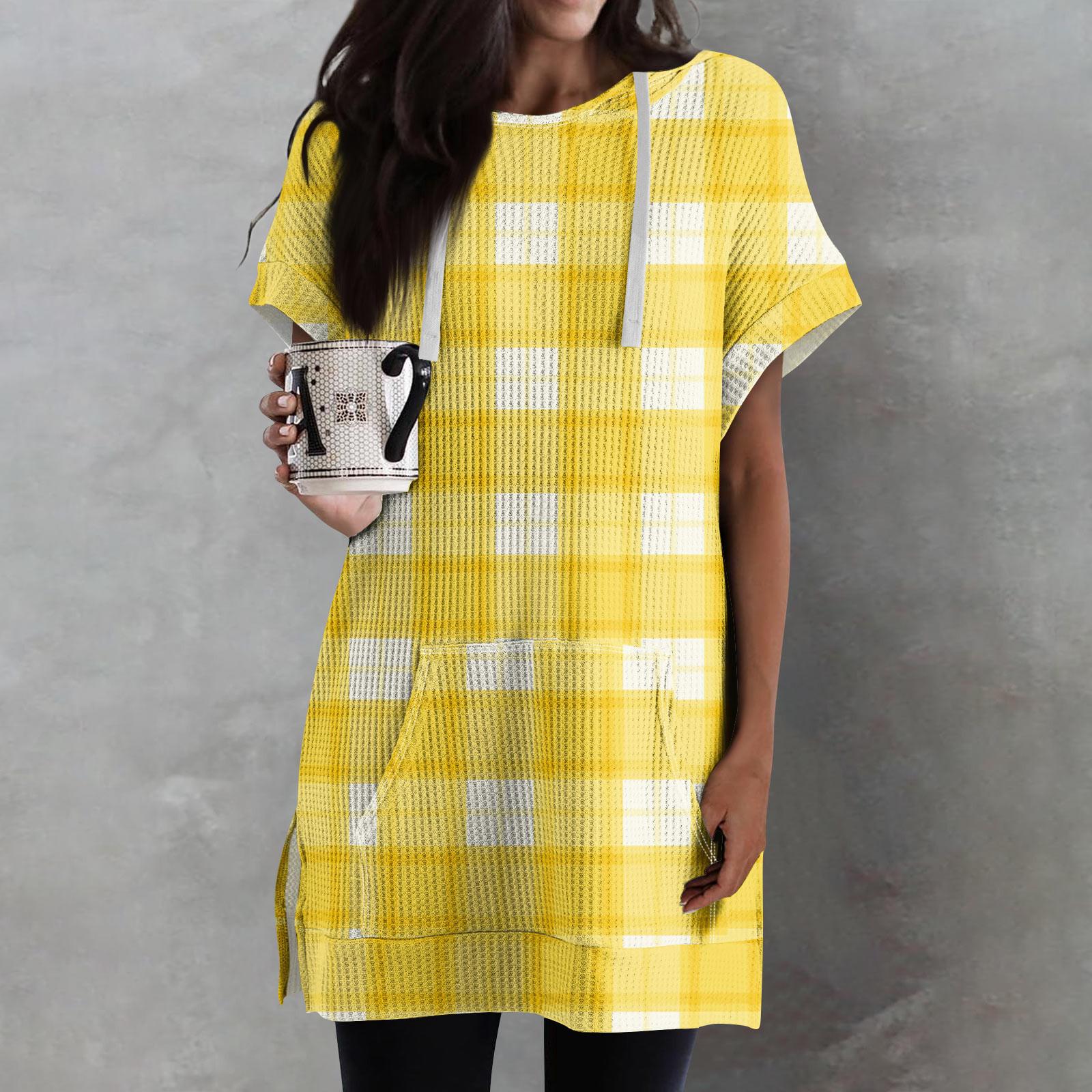 Scrambled eggs Losse shirts voor dames, bedrukt, korte mouwen, trekkoord, hoodies, gebreide tuniek met zijsplit, capuchontops met zak XL geel