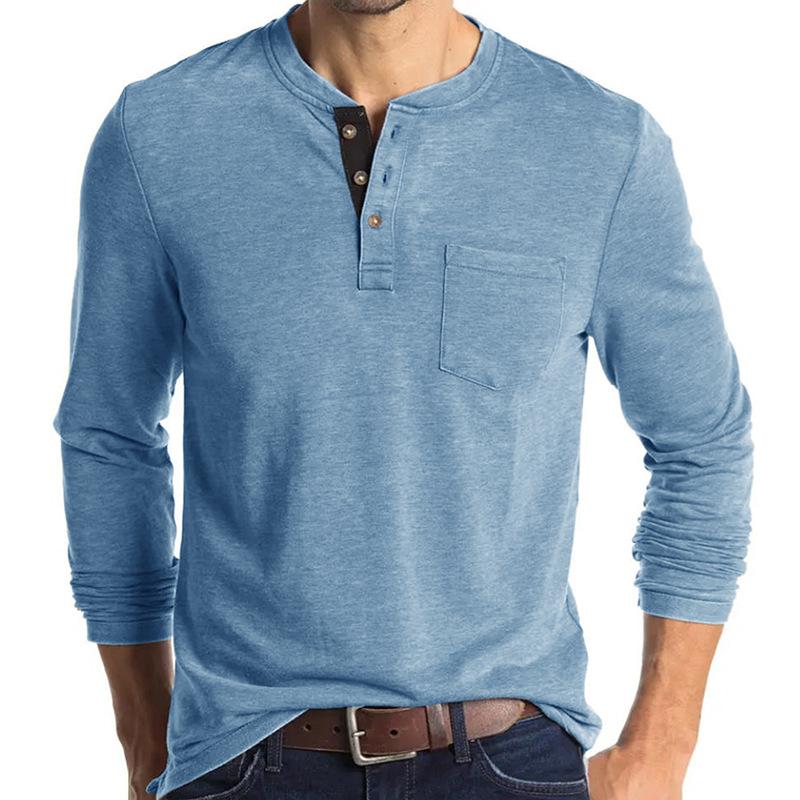 LED lights1 Henley-shirt met lange mouwen voor heren, casual baggy button-pullover, effen T-shirt-tops L lichtblauwe kleur