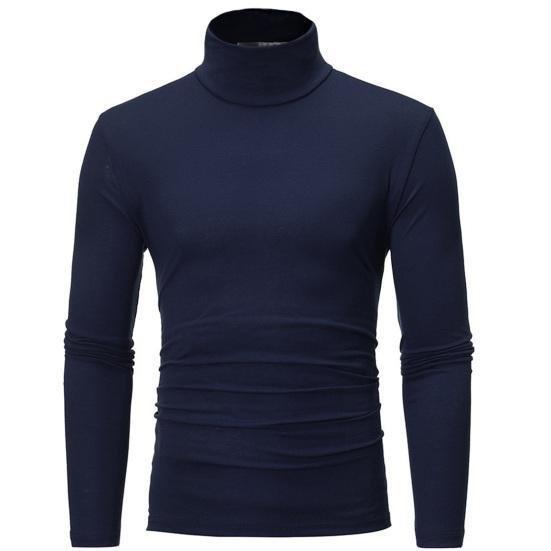 Manshanwangluo Mannen Herfst Winter Slim Fit Dieptepunt T-shirt Coltrui Lange mouw Effen Kleur Elastische Dunne Trui Tops Streetwear 3XL marineblauwe kleur