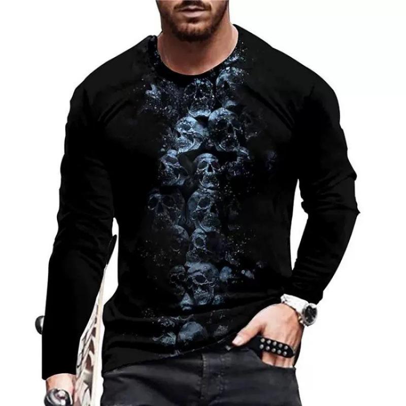 HerSight Heren lente- en herfst T-shirt met lange mouwen Heren losse ronde hals hoodie 3D-geprint bedrukte top met lange mouwen 4XL