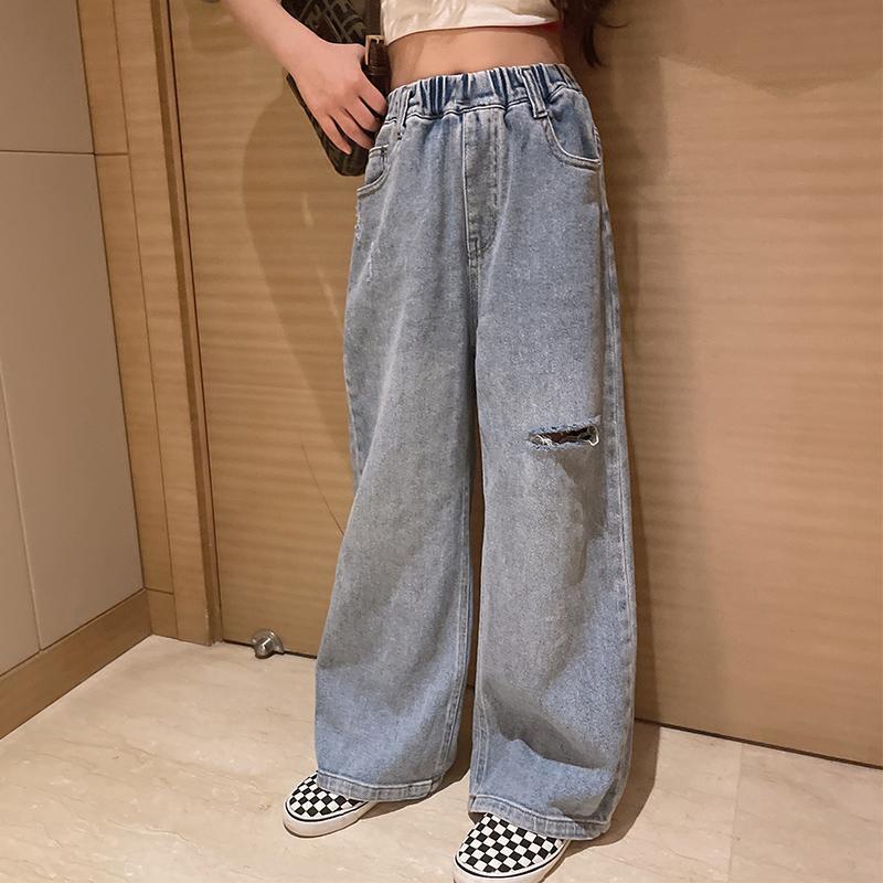 G.DUCK KIDS Meisjes Lange Jeans Blauwe Gescheurde Wijde Pijpen Jeans voor Kinderen Mode All-match Hoge Taille Broeken 12 13 14 Jaar Tiener Kinderen 150