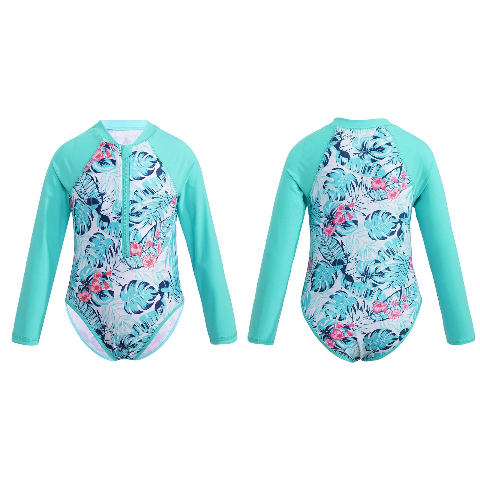 IEFiEL 2 Kindermeisjes bedrukt badpak met lange mouwen en rits met Rash Guard-shirt tegen de zon 15-16 Years mintgroene kleur