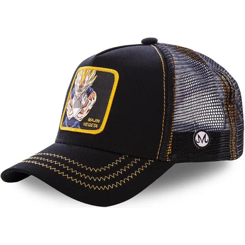 Kuake Duan Nieuw merk Anime 62 Alle stijlen Snapback Cap Katoen Baseball Cap Mannen Vrouwen Hip Hop Vader Hoed Trucker Mesh Hoed MAJIN VEGETA BLACK