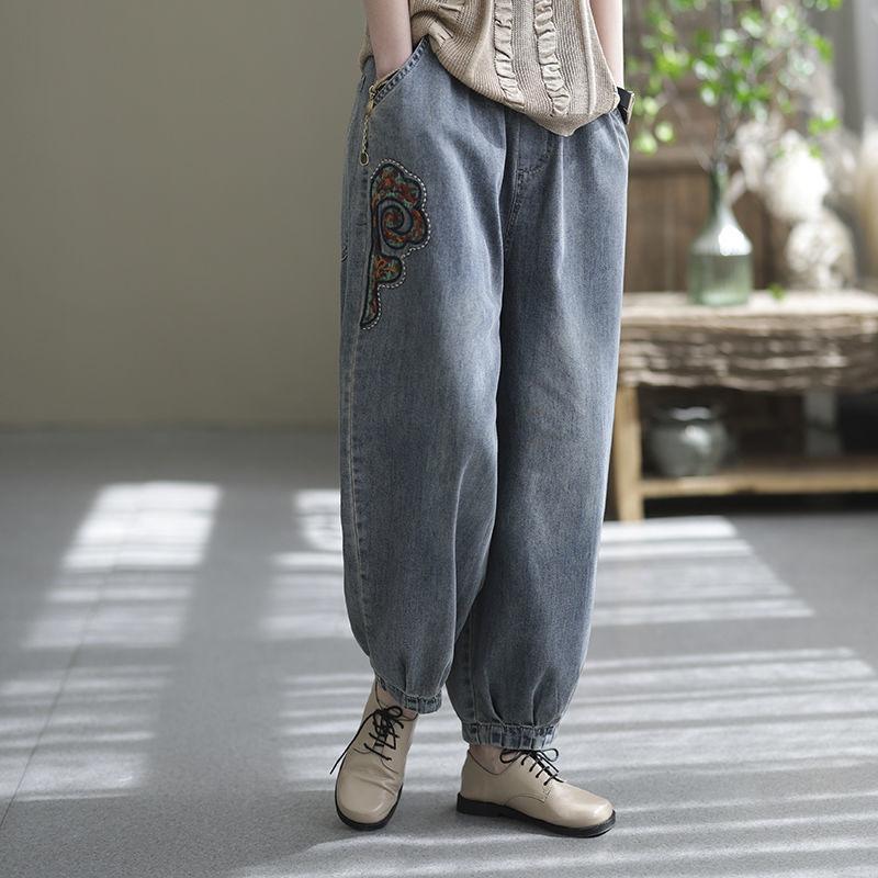 MOJTA Plus Size Herfst Lente Persoonlijkheid Patchwork Borduren Jeans Dames Elastische Taille Denim Harembroek 2XL