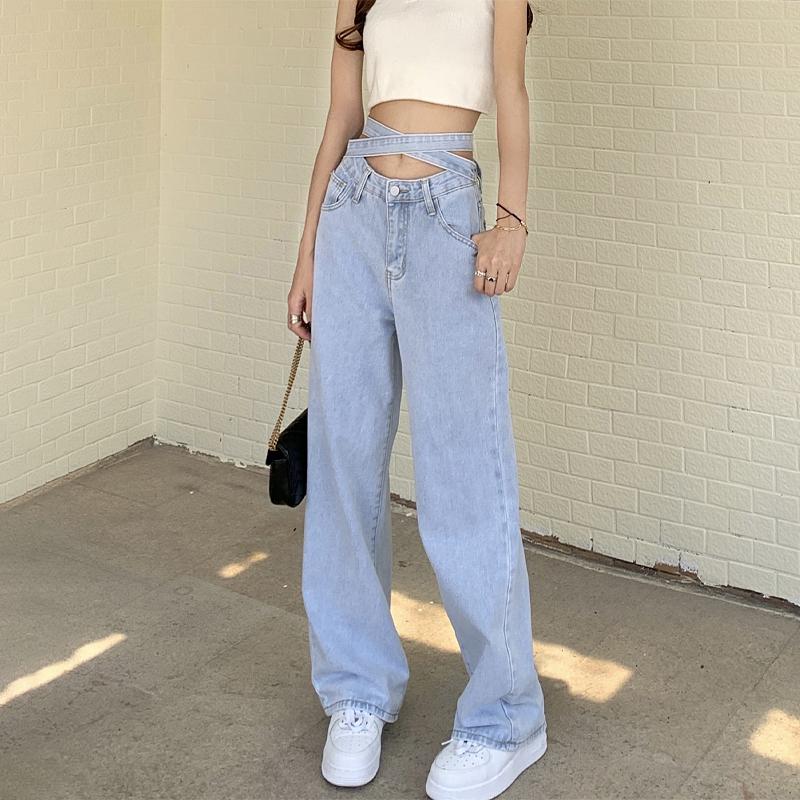 Zhanjie Ladies Clothing Lichtblauwe jeans vrouwen sexy bandage Koreaanse versie hoge taille retro denim broek wijde pijpen broek streetwear baggy jeans L lichtblauwe kleur