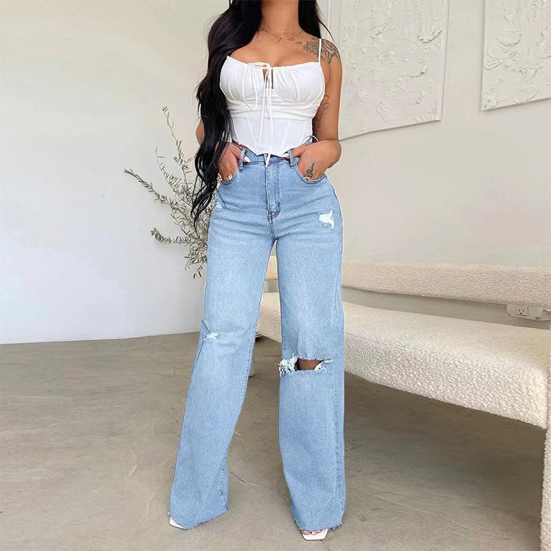 Omena 2023 Blauwe gescheurde denimbroek Casual mode met hoge taille XXL lichtblauwe kleur