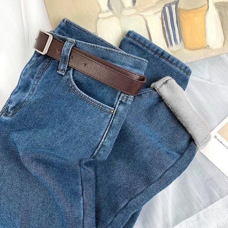 Happy Market Winter verdikte warme Harun-broek Rechte pijpen Slanke damesmode Jeans Casual broek 2XL blauw