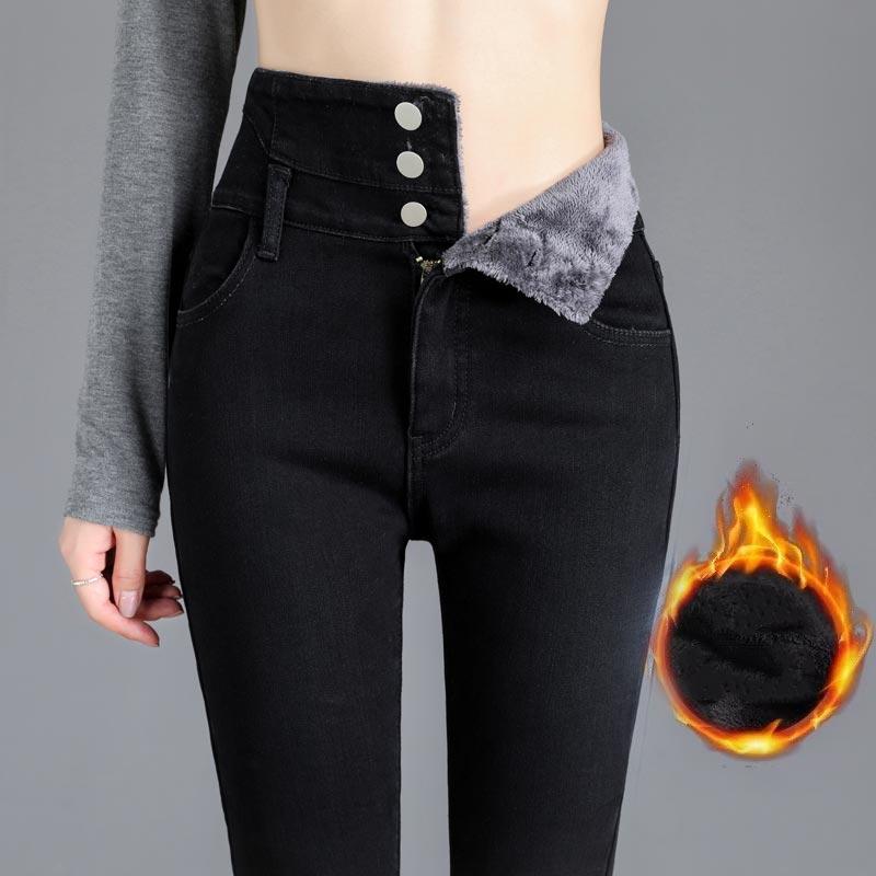 NiXis Dikker jeans voor dames Winter Hoge taille Slanke strakke broek Denim broek Damesmode Warme kleding 2XL zwart