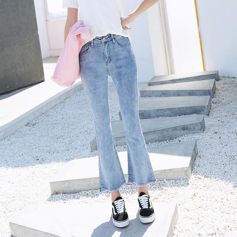 Zhuoneng Clothing Koreaanse versie van The Tide Denim Witte broek van negen minuten Lente en zomer Nieuwe slanke micro-uitlopende broek Dunne zwarte casual broek met hoge taille 32
