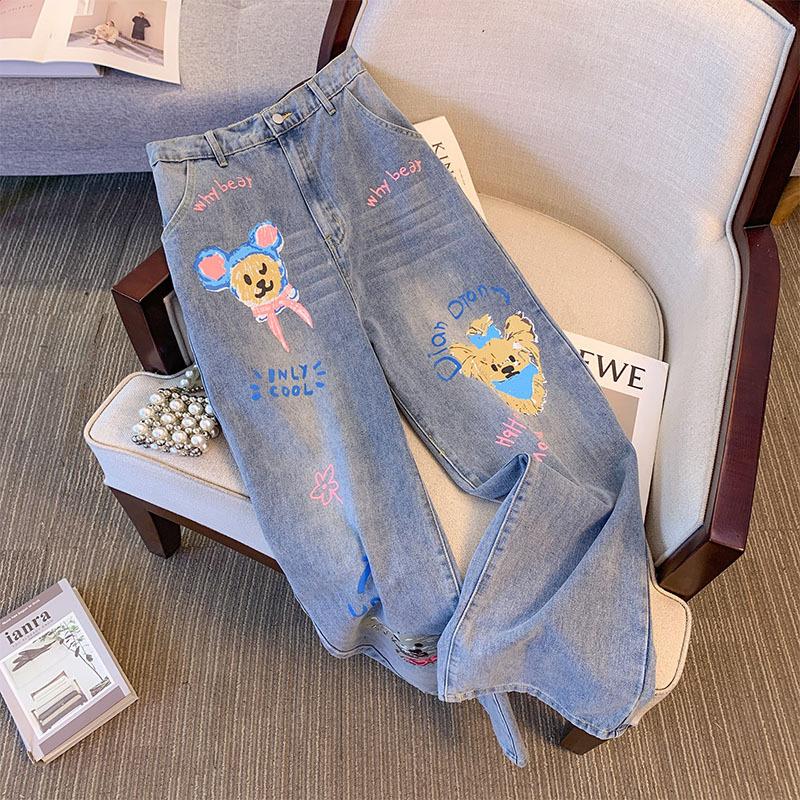 CANVAUS Lente Zomer Herfst Damesjeans Plus Size Gedrukte rechte broek met elastische taille 4XL blauw