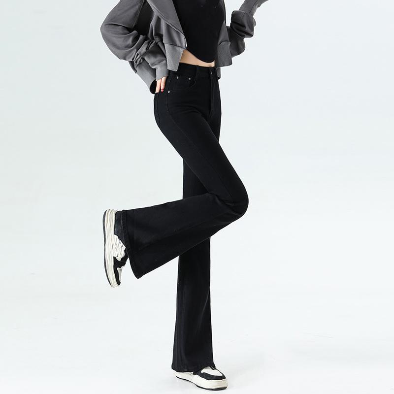 CANVAUS Micro-jeans voor dames, lente en herfst, slanke broek met hoge taille, dunne elastische hip flare-hoefijzerbroek 32 zwart