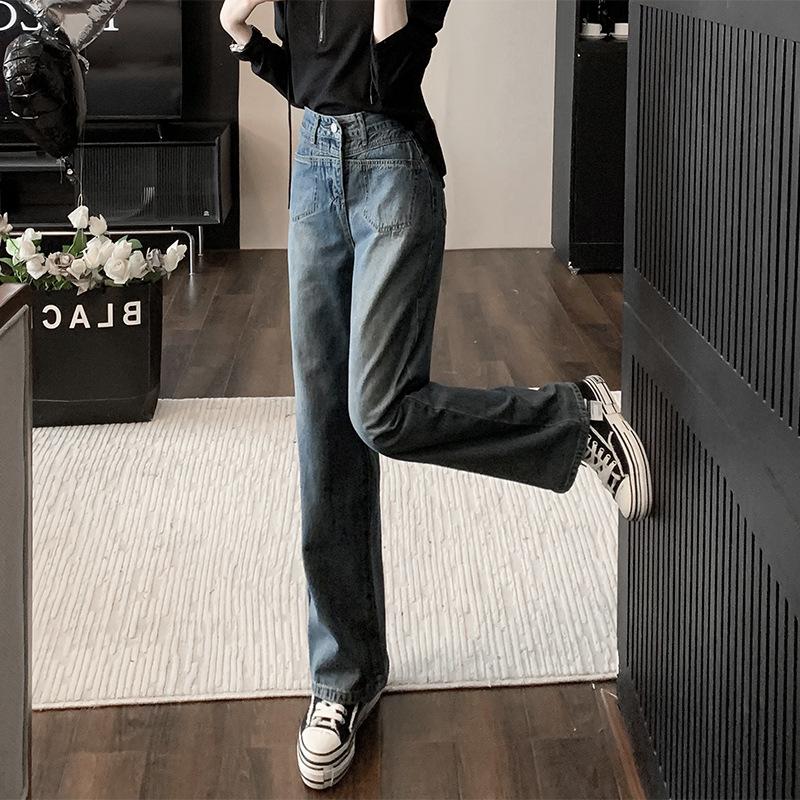 CANVAUS Lente en herfst damesjeans met wijde pijpen, mode retro dunne rechte broek met hoge taille 31