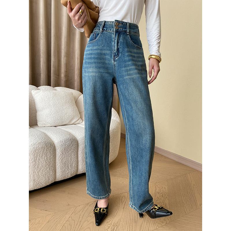 Femme Fashion Vroege herfst gedrapeerde slanke rechte jeans met hoge taille en wijde pijpen XL donkerblauwe kleur