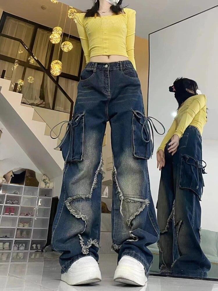 Exotic Dames zwarte gotische baggy cargo jeans met ster harajuku Y2k jaren 90 esthetische denim broek Emo jaren 2000 Jean broek vintage kleding L blauw
