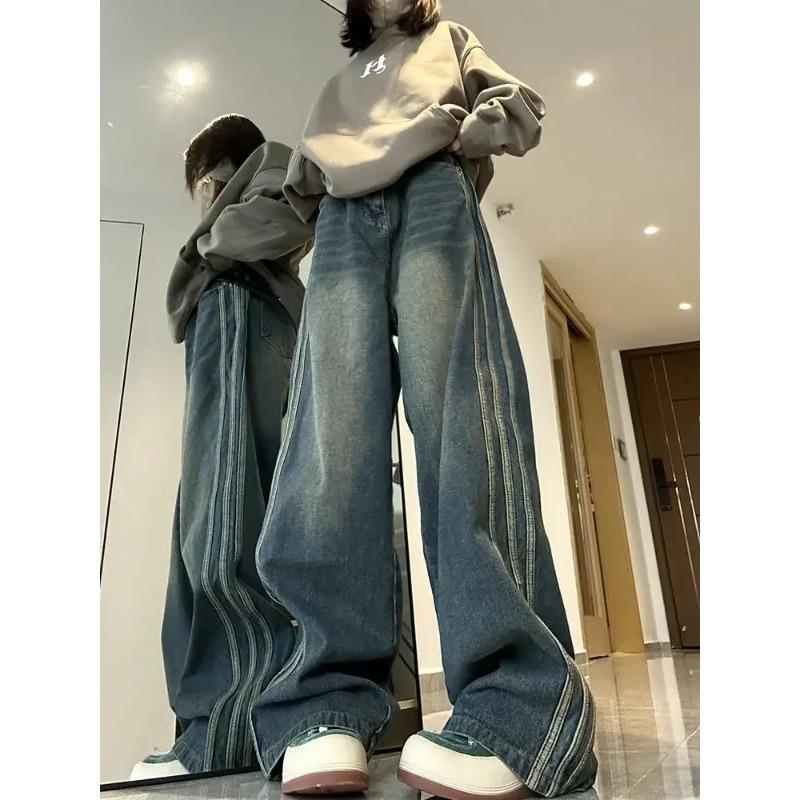 Exotic Y2K Vintage hoge taille streetwear stijl blauwe jeans broek Koreaanse mode dames wijde pijpen gestreepte denim broek vrouwelijke kleding L blauw
