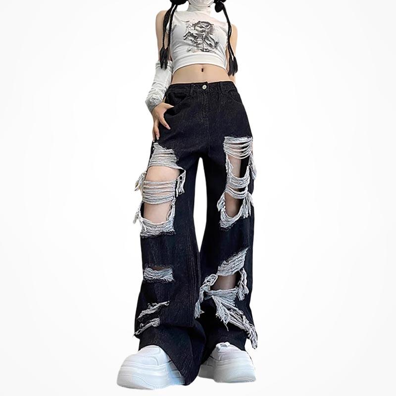 NiXis Street Style Ripped Jeans voor Vrouwen Zomer Rechte Wijde Broeken Losse Vintage Trendy Denim Broeken Mode Kleding Y2k 2XL zwart