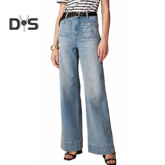 Eyouth G Dames Jeans Uitlopende Zoom Rechte Stretch Effen Kleur Losse Wijde Pijpen Hoge Taille Casual Multi Zakken Knoop Decor Streetwear Denim Broek M lichtblauwe kleur
