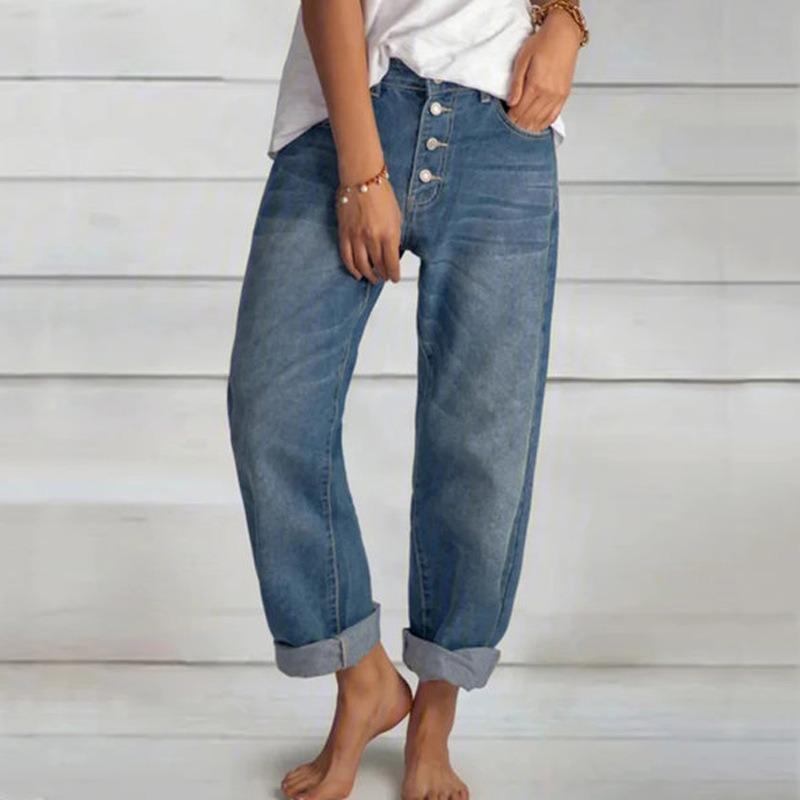 Best do it Mode Nieuwe Losse Casual Wijde Pijpen Jeans Vrouwen Eenvoudige Effen Vintage Plus Size Jeans Vrouw Elegante Rechte Blauwe Denim Broek Vrouwelijke Kleding 24589 3XL blauw