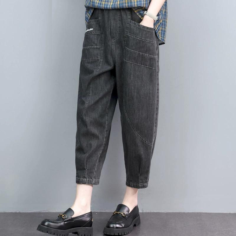 QGOOD Koreaanse mode baggy harem jeans dames casual elastische hoge taille enkellange denim broek vintage losse oversized XXL zwart