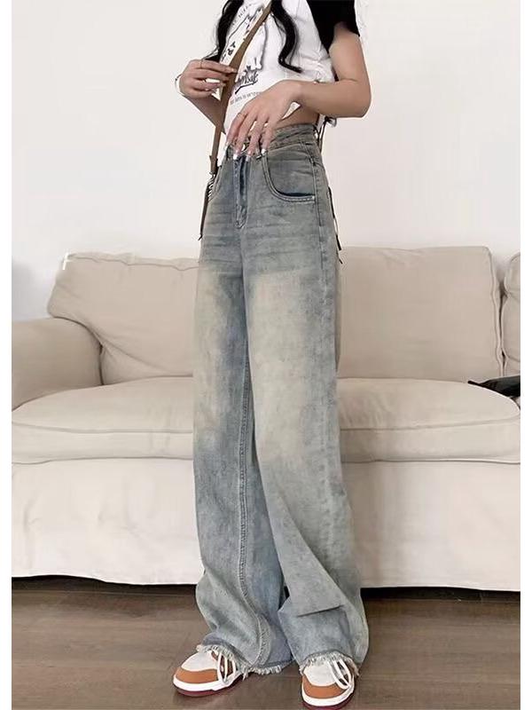 VantaGoods 2024 Dames Hoge Taille Wijde Pijp Blauwe Jeans: Ruwe rand, losse pasvorm, veelzijdige draperie. 2XL blauw