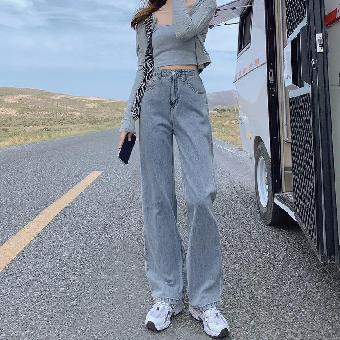 Qiu Yi Lente en herfst damesjeans hoge taille rechte retro losse wijde pijpen broek lange broek denim jeans 2XL lichtblauwe kleur