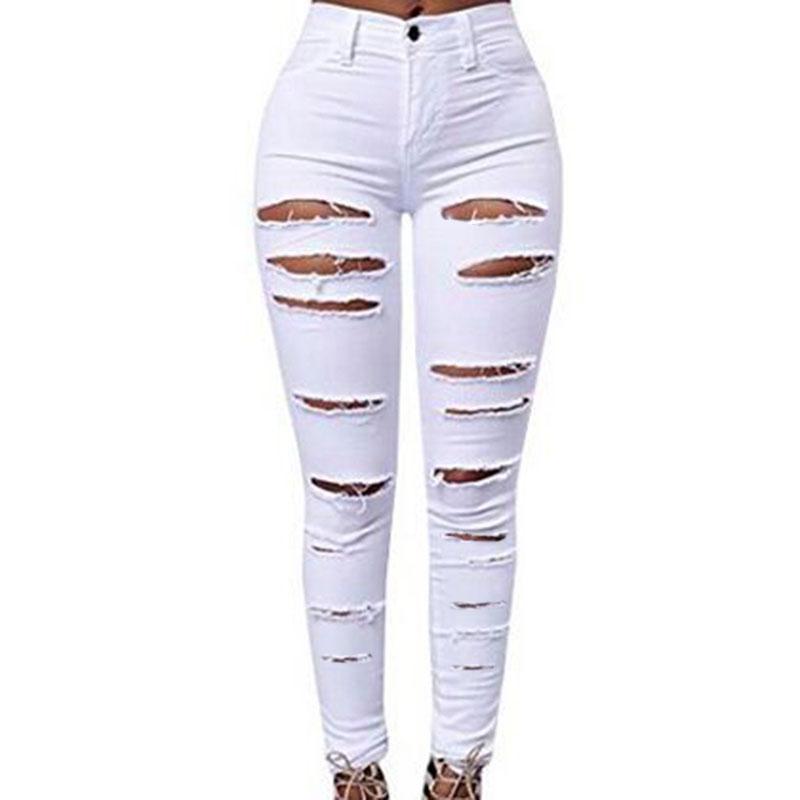 MA8BM Sexy Vrouwen Gescheurde Jeans Lente Herfst Vrouwen Gaten Uitgesneden Punk Straat Jeans Denim Broeken Hoge Taille Slanke Cowboy Jeans Broeken XXXL wit