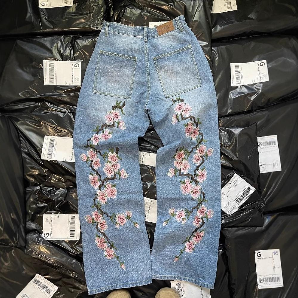 Transmission Gate Unisex Streetwear Jeans Y2K Heren Dames Harajuku Hip Hop Sakura Borduurwerk Retro Patch Baggy Jeans Hoge Taille Wijde Pijp Broek L blauw