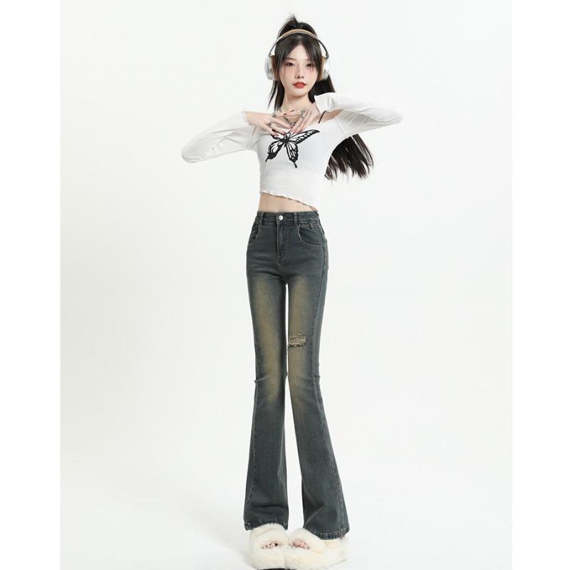 HA53LN Retro Blue Broken Holes Micro-grote Jeans Dames Lente en Herfst Pittig Meisje Hoge Taille Dunne Lange Broek XL blauw
