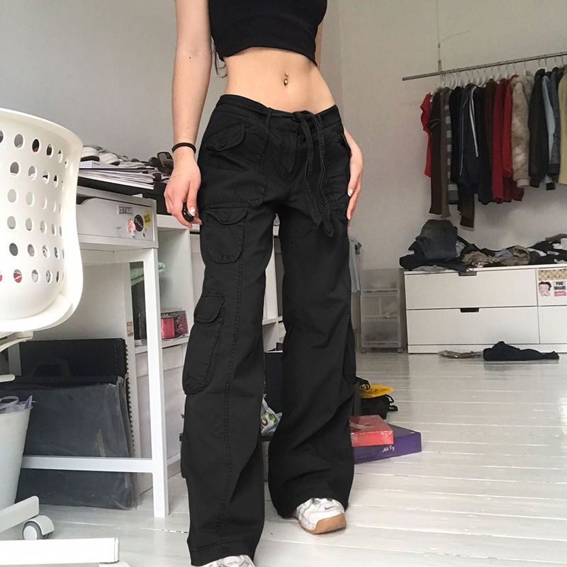 Kuake Duan Y2K Zakken Cargo Broek voor Vrouwen Rechte Oversize Broek Harajuku Vintage 90S Esthetische Lage Taille Broek Wijde Pijpen Baggy Jeans L zwart