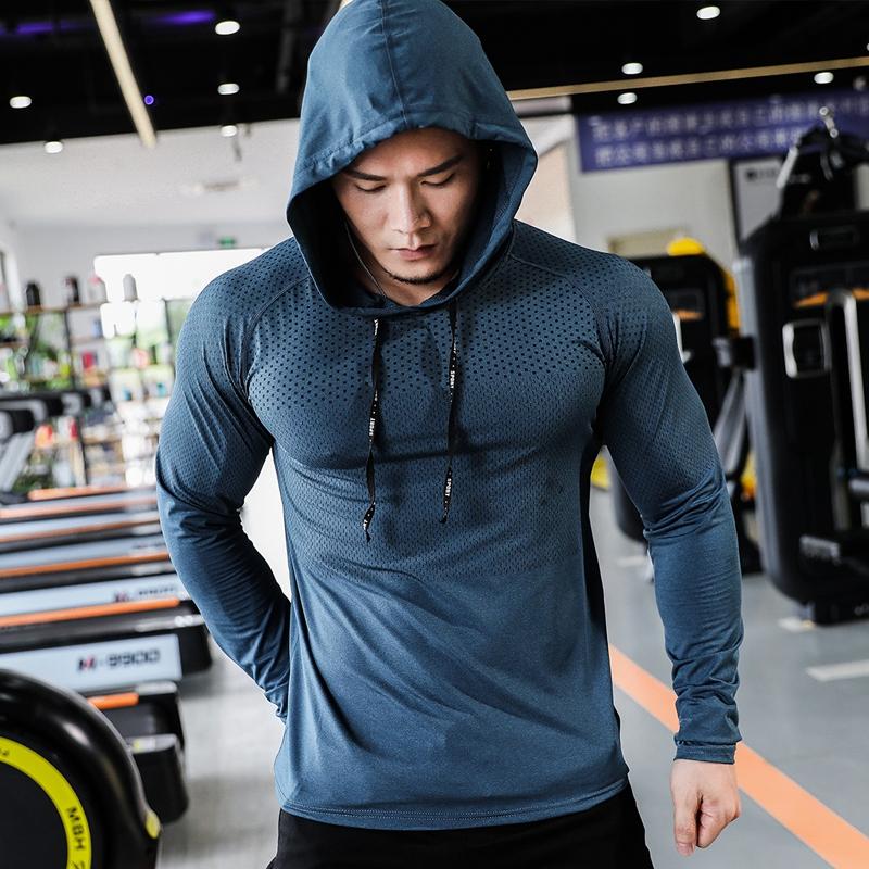 Shedao Pro Fitness Sporting Heren sport trui met capuchon, casual shirts met lange mouwen, herfst winter fitness sweatshirt, sneldrogend, ademend, hardlooptraining tops L blauw